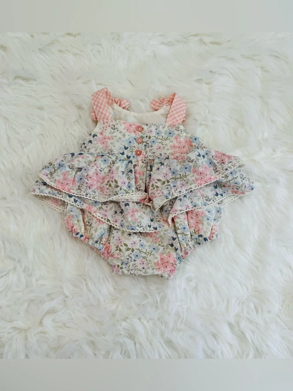 Katherine Malandrino Baby Girl Floral Ruffle Romper Pink Bow 0-3 Months